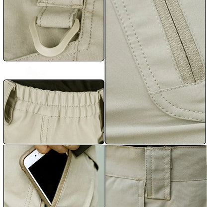 Collage of khaki shorts details: a plastic D-ring, a zip pocket edge, the elastic waistband, a phone in a zipped pocket, and a belt loop. 8