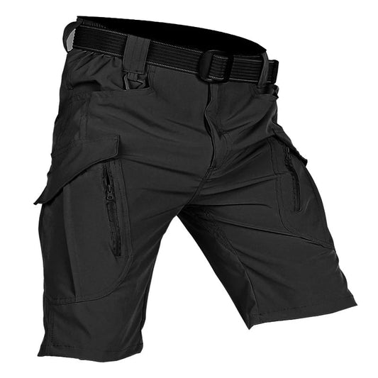 Black cargo shorts shown from the front at an angle, with a matching webbing belt and large flapped zip pockets on the thighs. 1