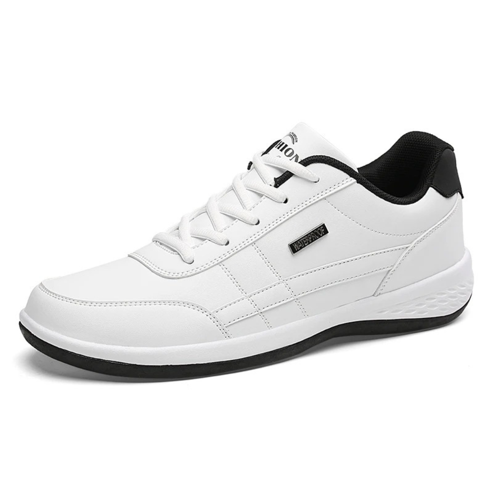 Single all-white lace-up sneaker with stitched side panel, black heel lining and black outsole edge, shown on a plain white background. 3
