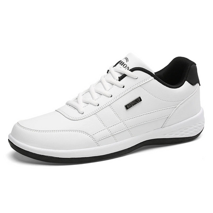 Single all-white lace-up sneaker with stitched side panel, black heel lining and black outsole edge, shown on a plain white background. 3