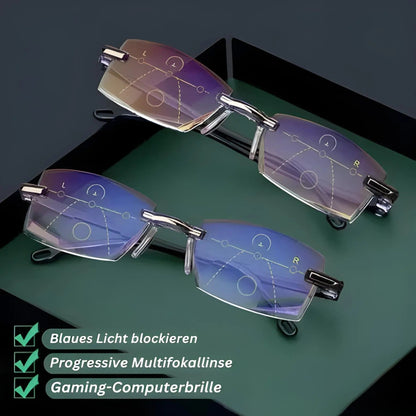 Two pairs of rimless glasses on a green surface, their lenses marked with progressive multifocal zones. 3