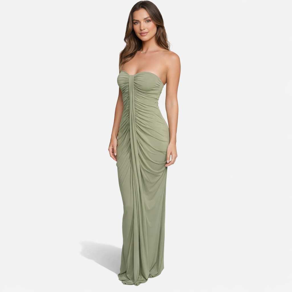Strapless Maxi Dress Women's Ruched Bodycon Draped Front