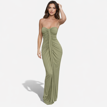 Strapless Maxi Dress Women's Ruched Bodycon Draped Front