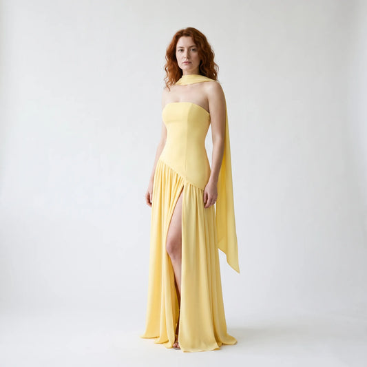 Strapless Formal Maxi Dress with Pleated Skirt & Thigh Slit