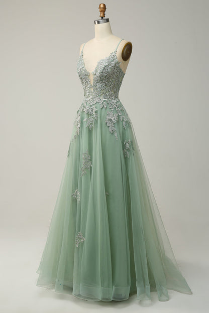 Stylish A-line Evening Dress with Spaghetti Straps and Lace-up Fastening - Julia