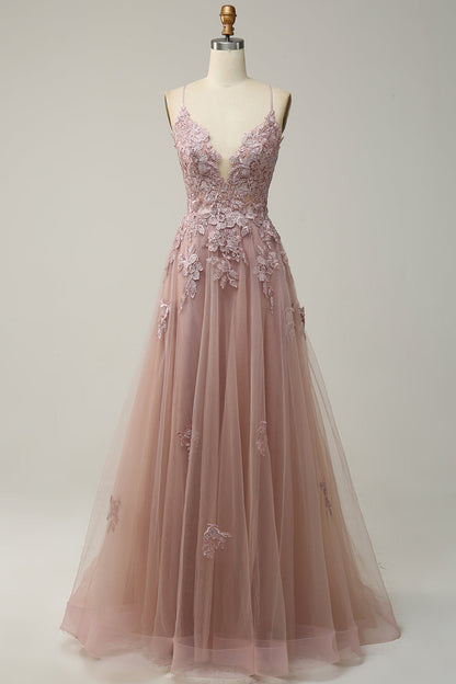 Stylish A-line Evening Dress with Spaghetti Straps and Lace-up Fastening - Julia