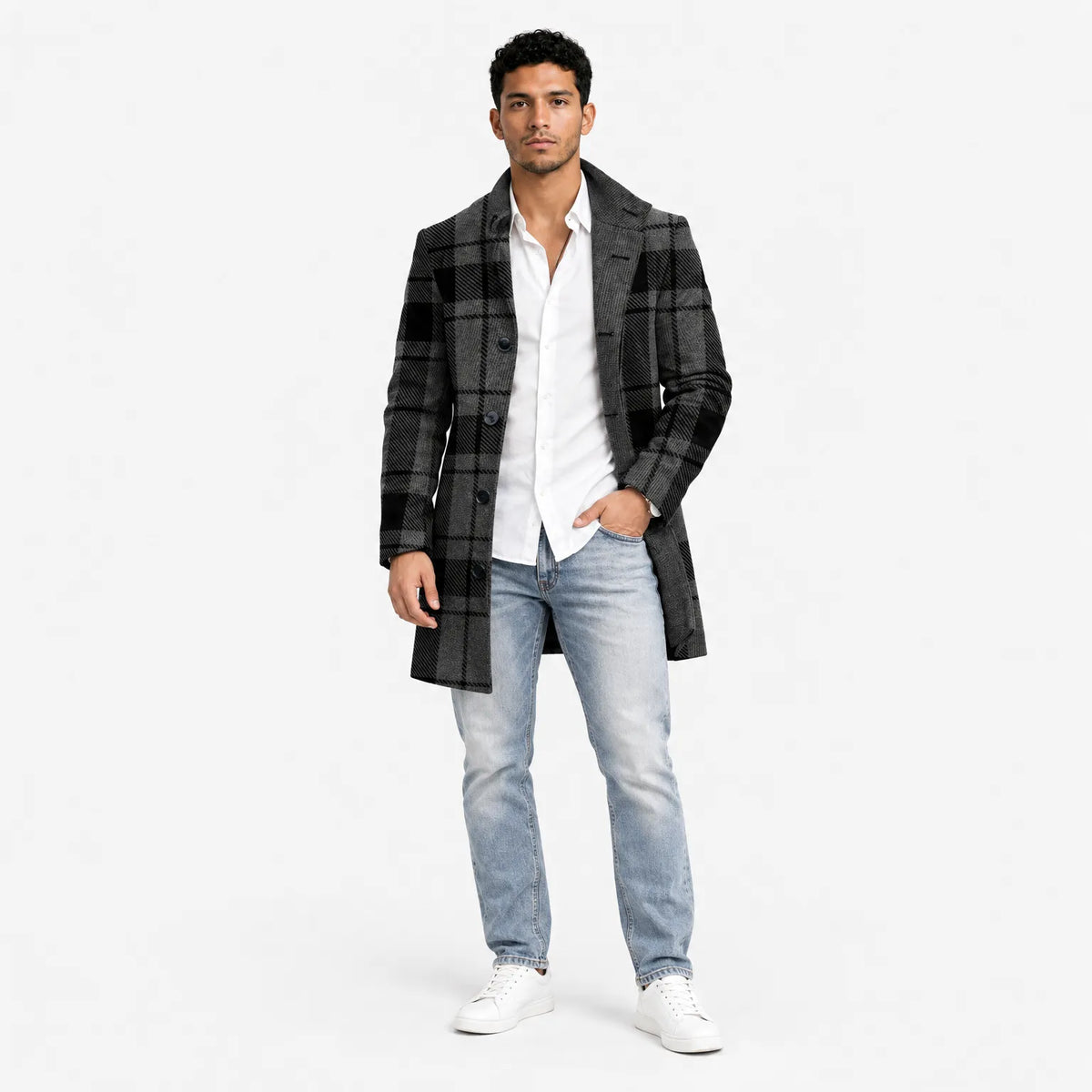 Stylish Mid-Length Checked Men's Coat - Stephen