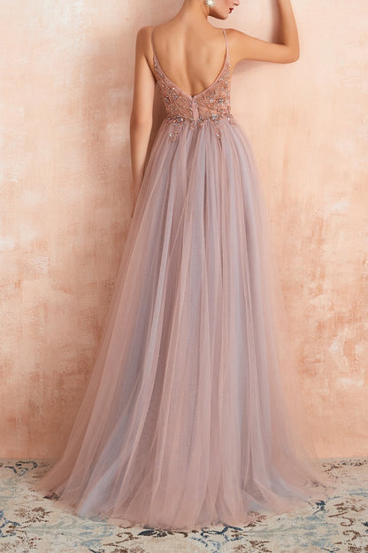 Stylish Tulle Evening Dress with V-Neck and Slit - Elena