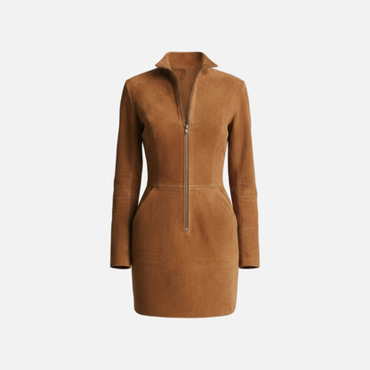 Mini Dress Women's Suede Long Sleeve Zip front