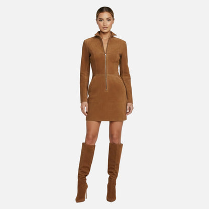Mini Dress Women's Suede Long Sleeve Zip front