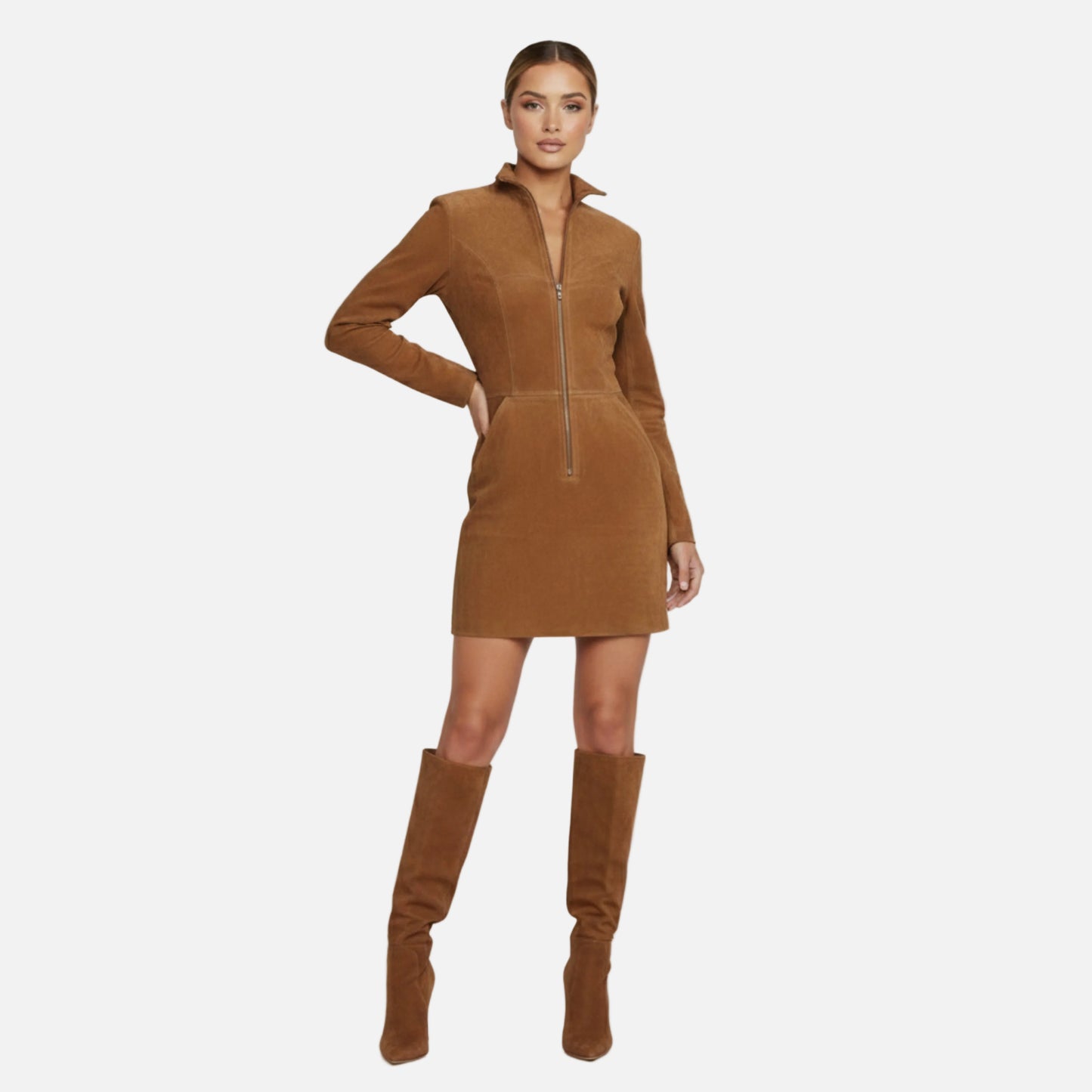 Mini Dress Women's Suede Long Sleeve Zip front