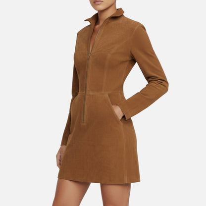 Mini Dress Women's Suede Long Sleeve Zip front