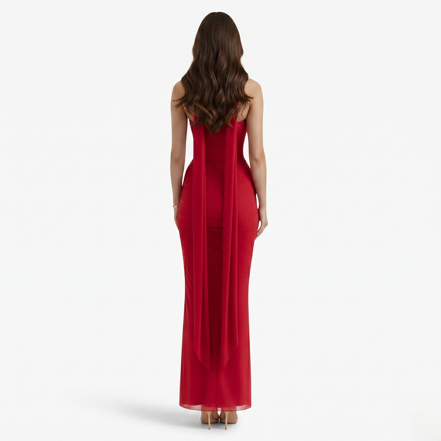 Two-piece Set Women's Mesh Strapless Top and Maxi Skirt with Neck Scarf