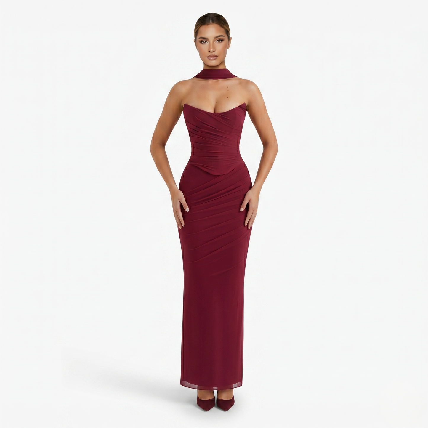 Two-piece Set Women's Mesh Strapless Top and Maxi Skirt with Neck Scarf
