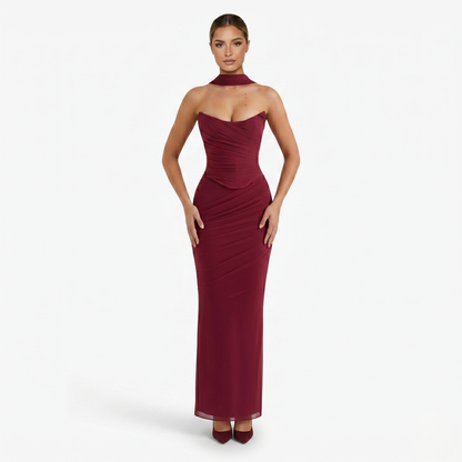 Two-piece Set Women's Mesh Strapless Top and Maxi Skirt with Neck Scarf
