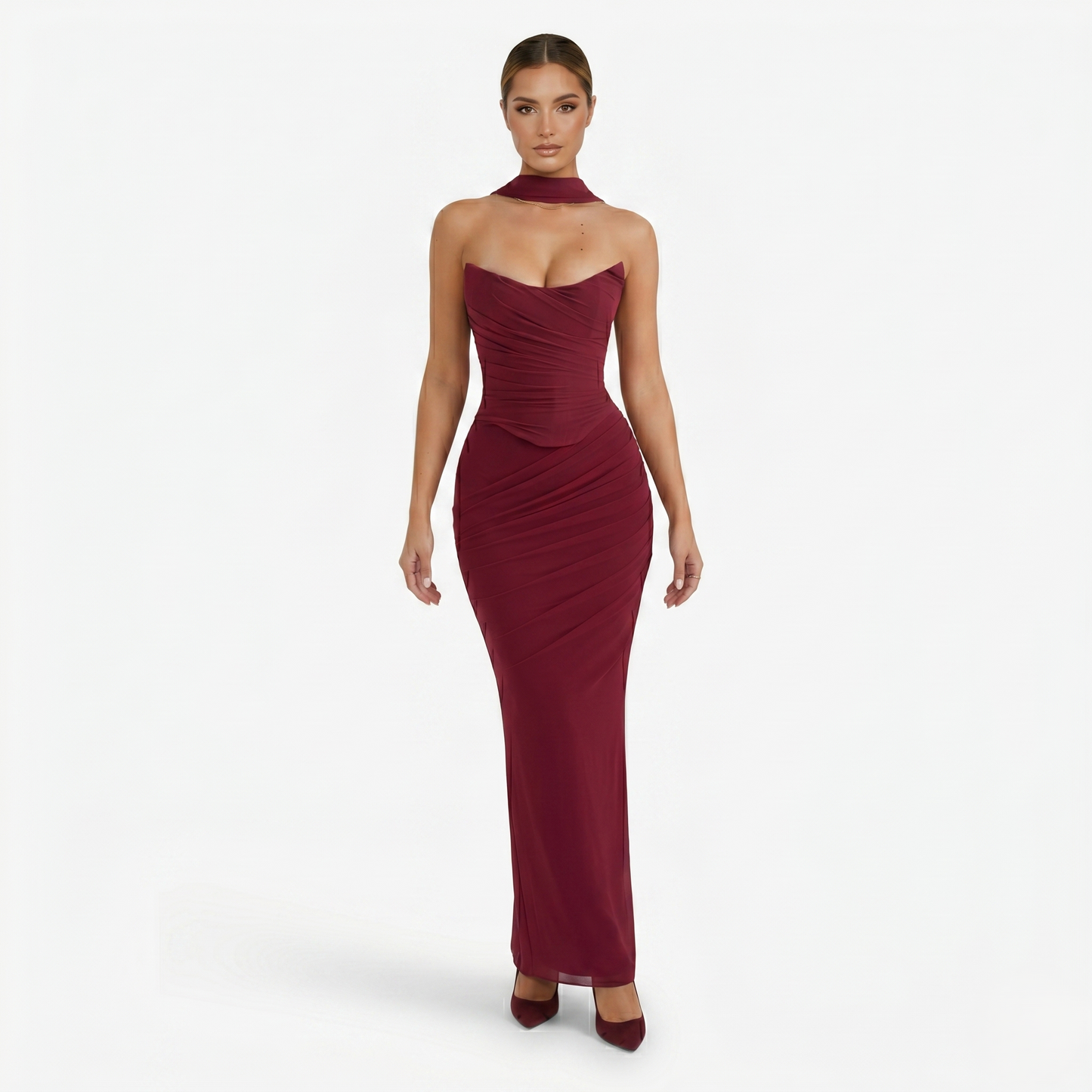 Two-piece Set Women's Mesh Strapless Top and Maxi Skirt with Neck Scarf