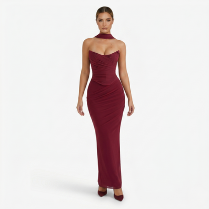 Two-piece Set Women's Mesh Strapless Top and Maxi Skirt with Neck Scarf