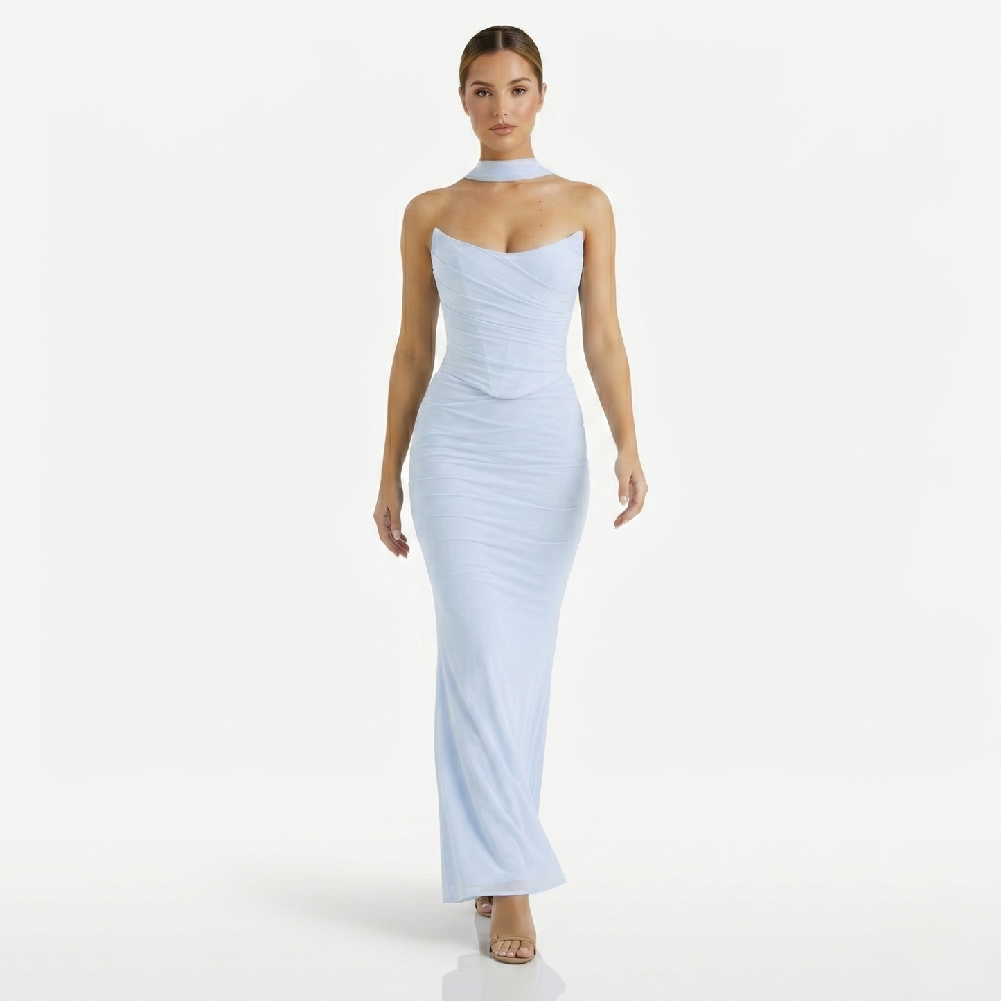 Two-piece Set Women's Mesh Strapless Top and Maxi Skirt with Neck Scarf