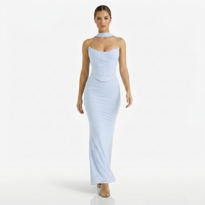 Two-piece Set Women's Mesh Strapless Top and Maxi Skirt with Neck Scarf