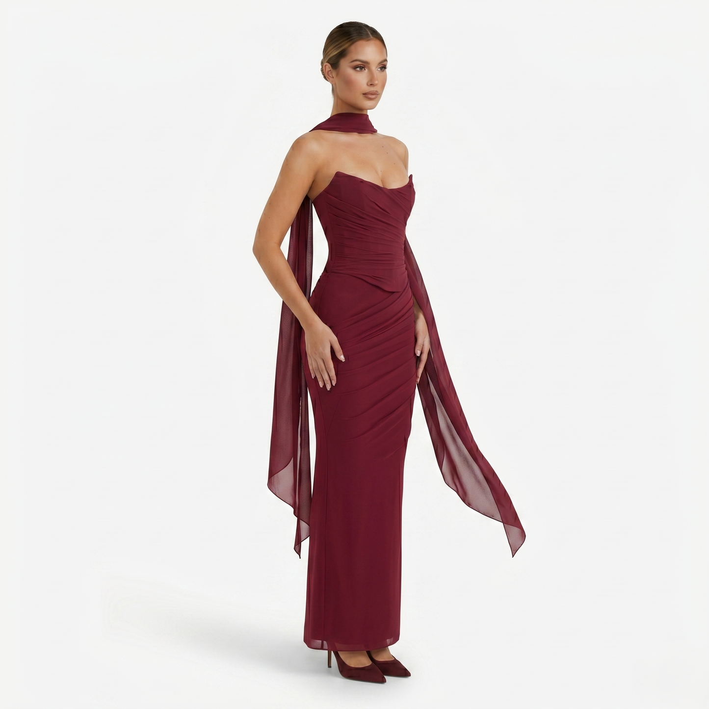 Two-piece Set Women's Mesh Strapless Top and Maxi Skirt with Neck Scarf