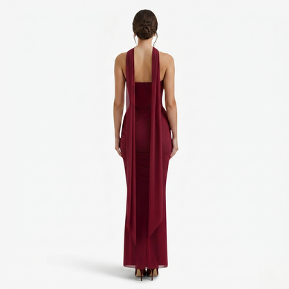 Two-piece Set Women's Mesh Strapless Top and Maxi Skirt with Neck Scarf