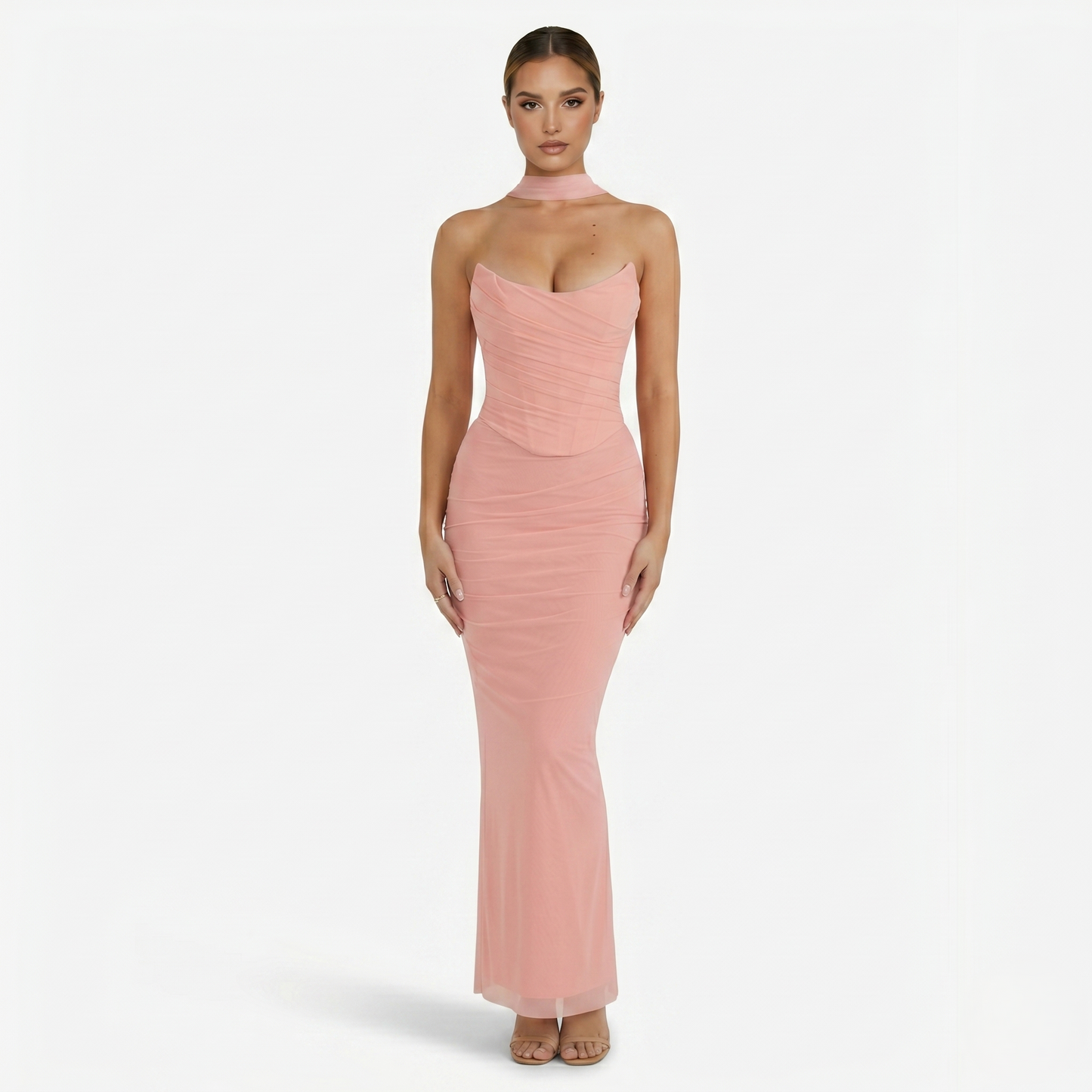 Two-piece Set Women's Mesh Strapless Top and Maxi Skirt with Neck Scarf