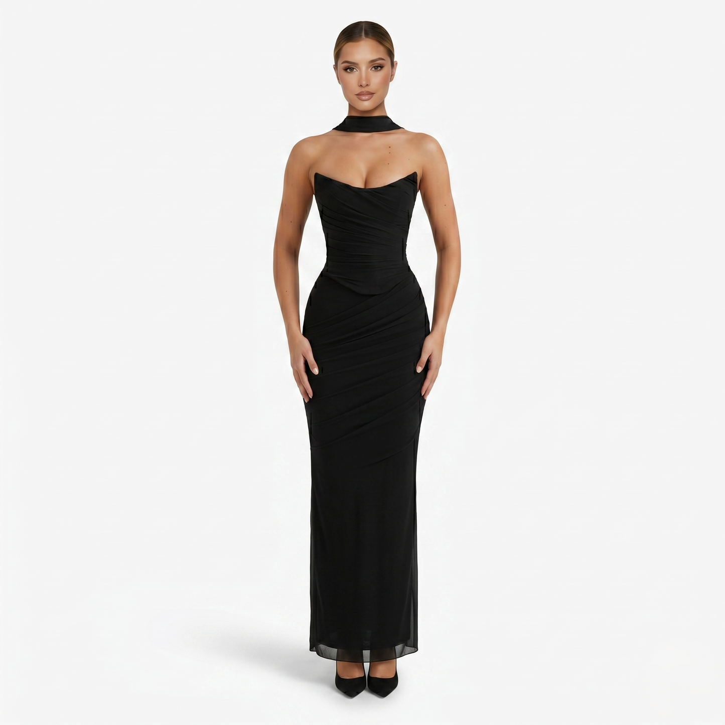 Two-piece Set Women's Mesh Strapless Top and Maxi Skirt with Neck Scarf