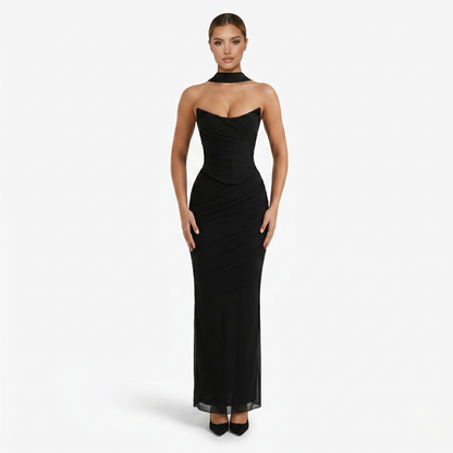 Two-piece Set Women's Mesh Strapless Top and Maxi Skirt with Neck Scarf