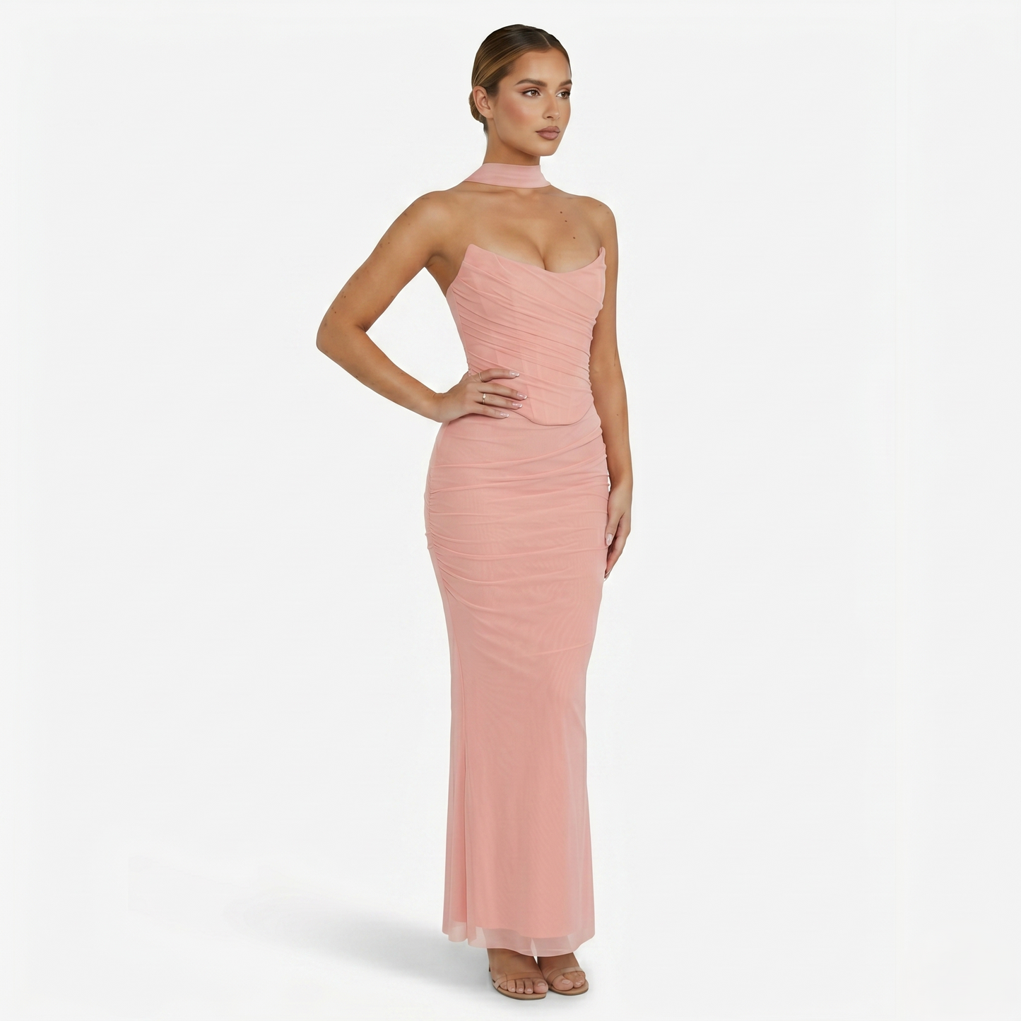 Two-piece Set Women's Mesh Strapless Top and Maxi Skirt with Neck Scarf