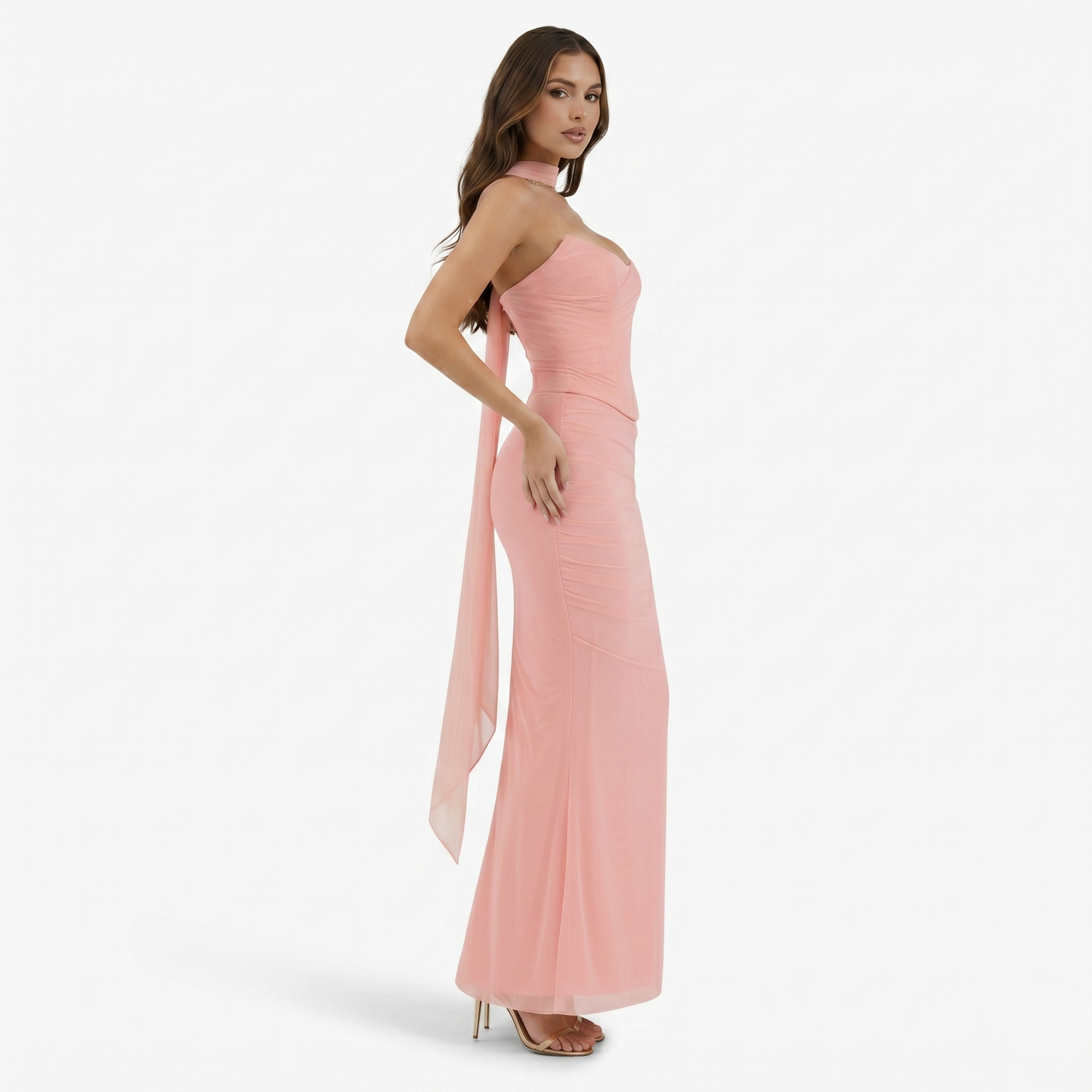 Two-piece Set Women's Mesh Strapless Top and Maxi Skirt with Neck Scarf