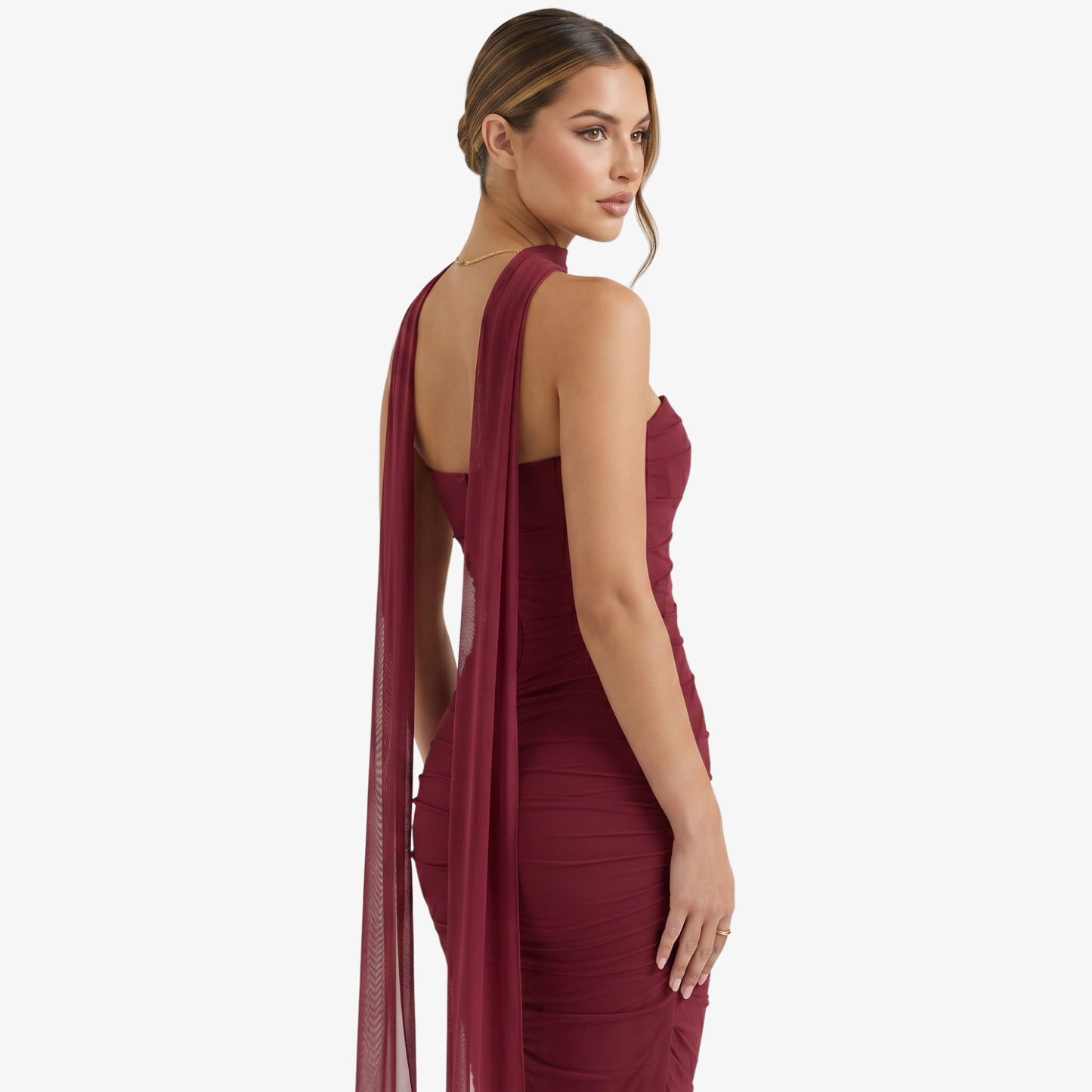 Two-piece Set Women's Mesh Strapless Top and Maxi Skirt with Neck Scarf
