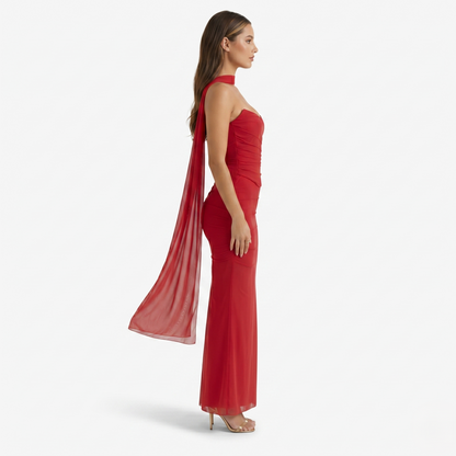 Two-piece Set Women's Mesh Strapless Top and Maxi Skirt with Neck Scarf