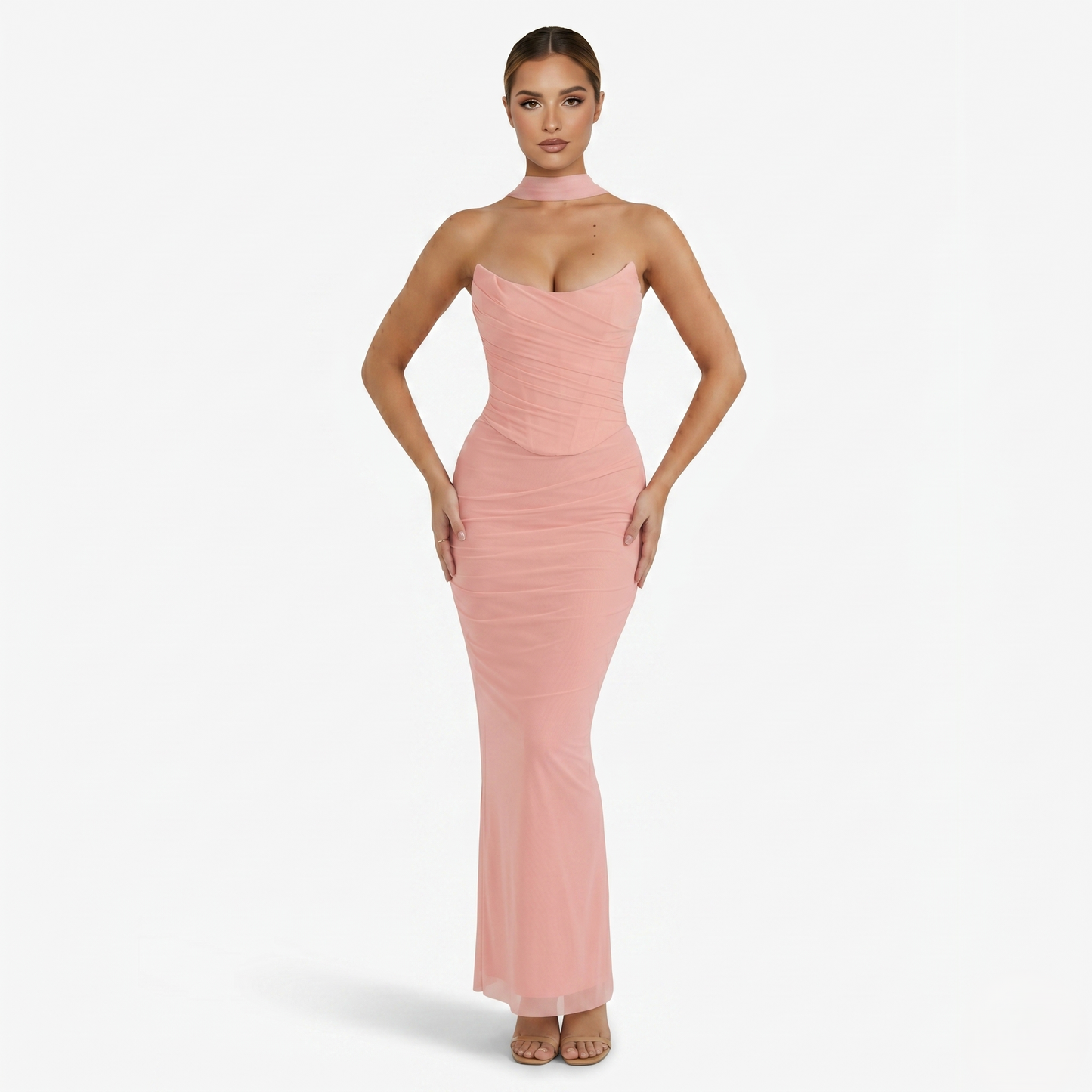 Two-piece Set Women's Mesh Strapless Top and Maxi Skirt with Neck Scarf