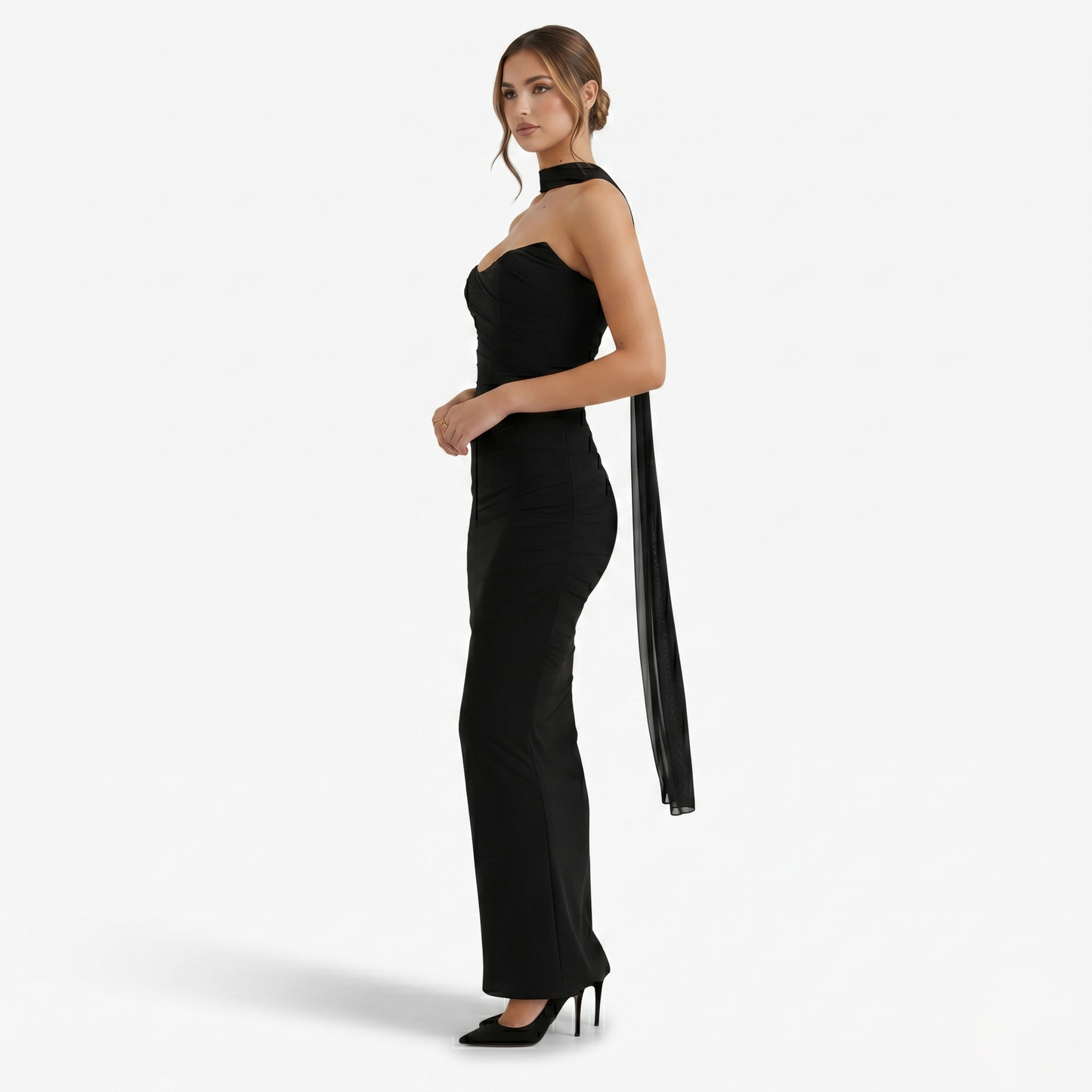 Two-piece Set Women's Mesh Strapless Top and Maxi Skirt with Neck Scarf