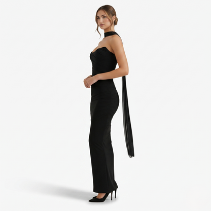 Two-piece Set Women's Mesh Strapless Top and Maxi Skirt with Neck Scarf
