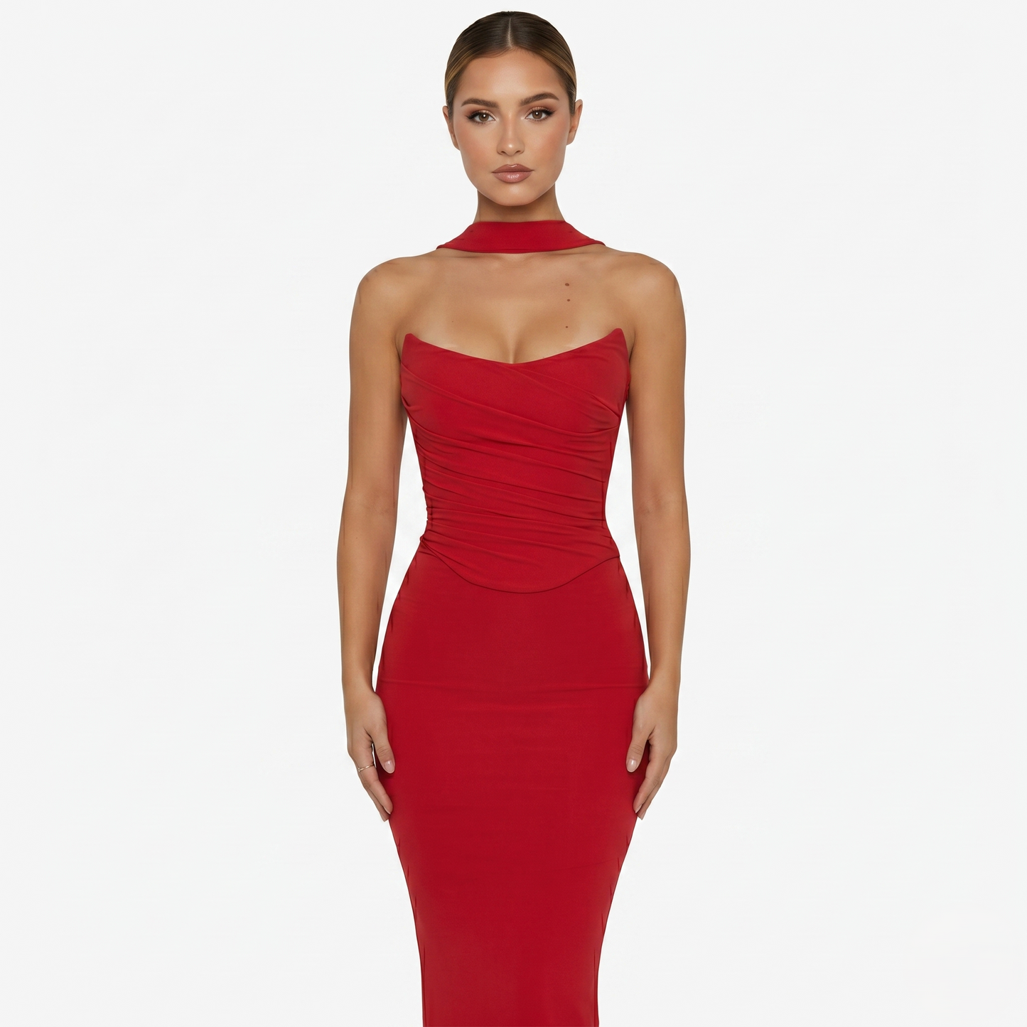 Two-piece Set Women's Mesh Strapless Top and Maxi Skirt with Neck Scarf