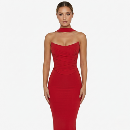 Two-piece Set Women's Mesh Strapless Top and Maxi Skirt with Neck Scarf