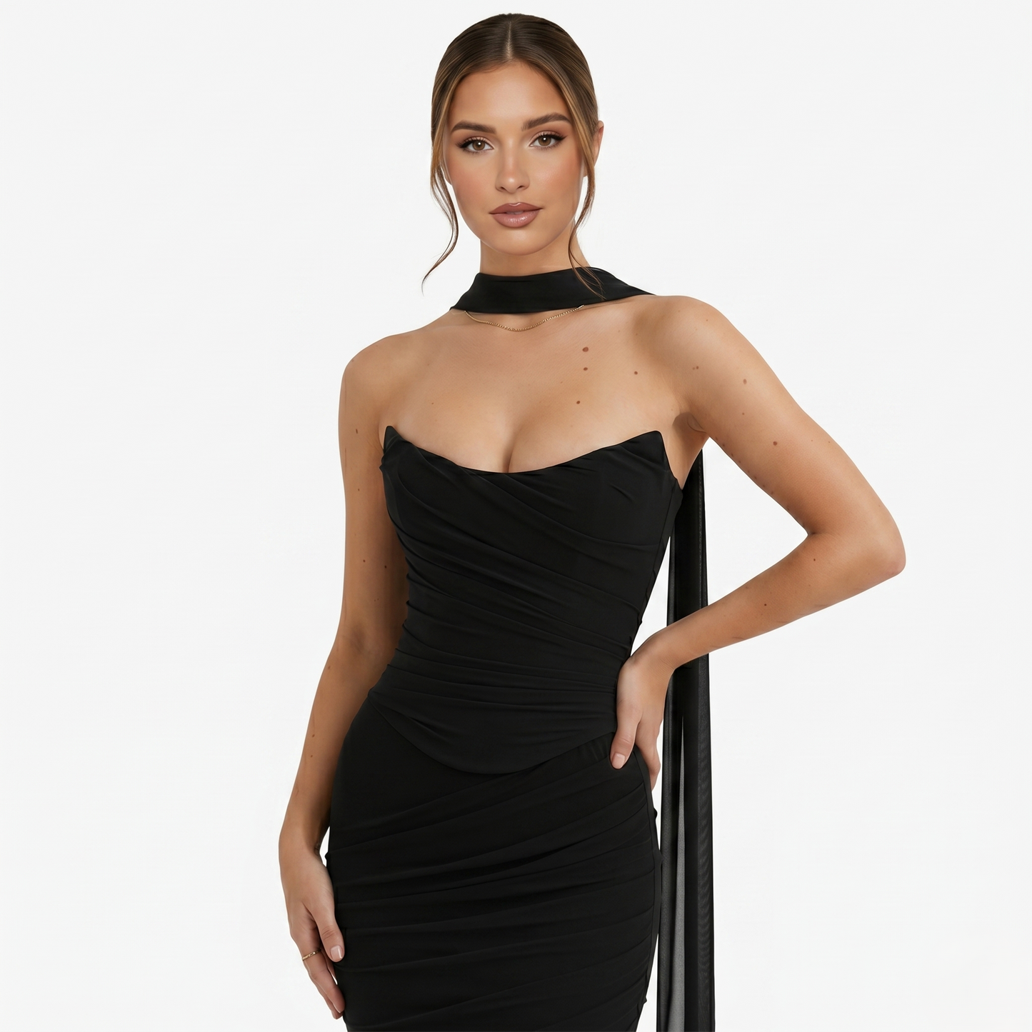 Two-piece Set Women's Mesh Strapless Top and Maxi Skirt with Neck Scarf