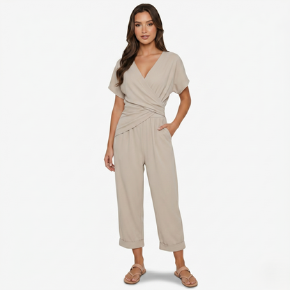 Two Piece Set Women’s Wrap Top and Cropped Trousers