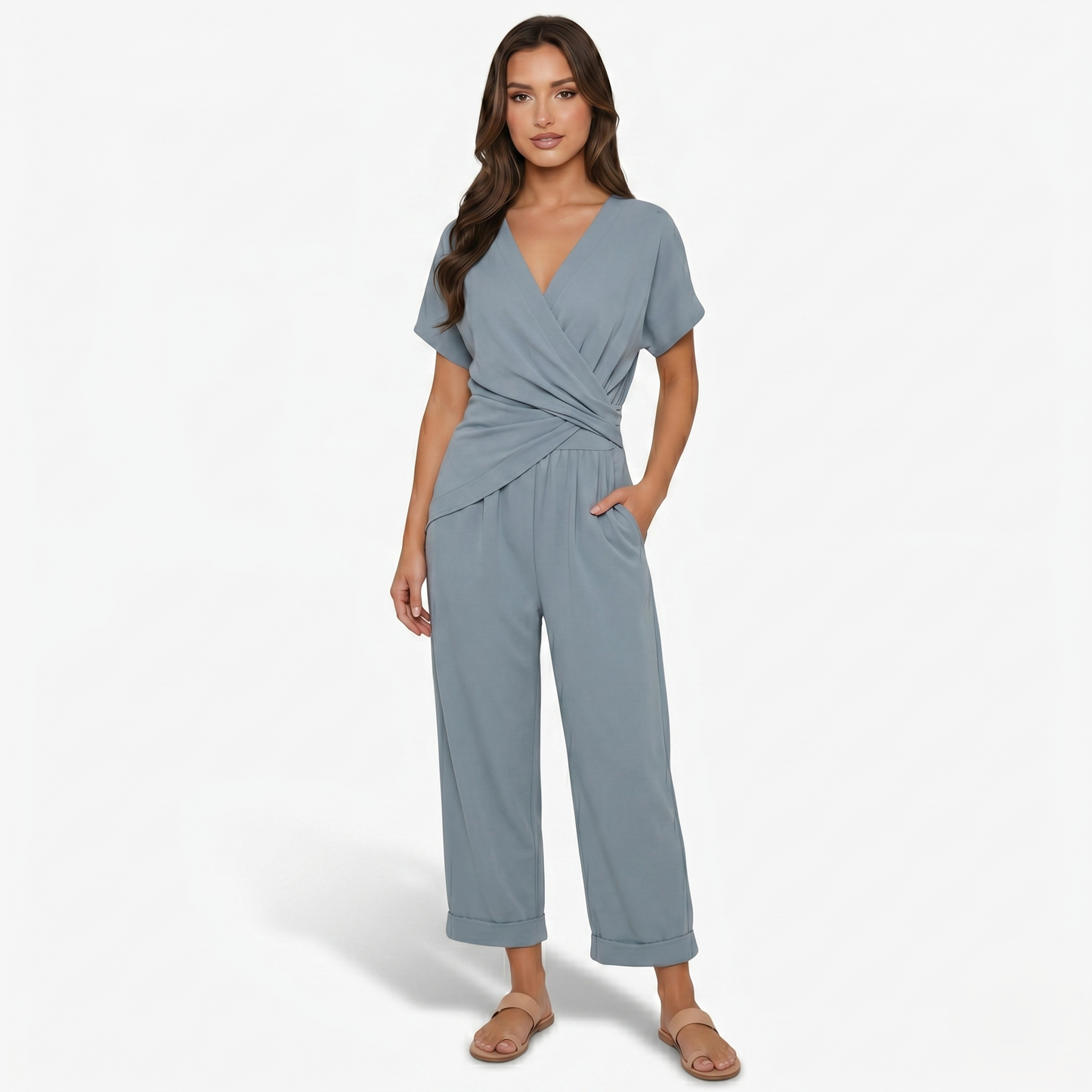 Two Piece Set Women’s Wrap Top and Cropped Trousers