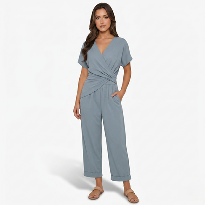 Two Piece Set Women’s Wrap Top and Cropped Trousers