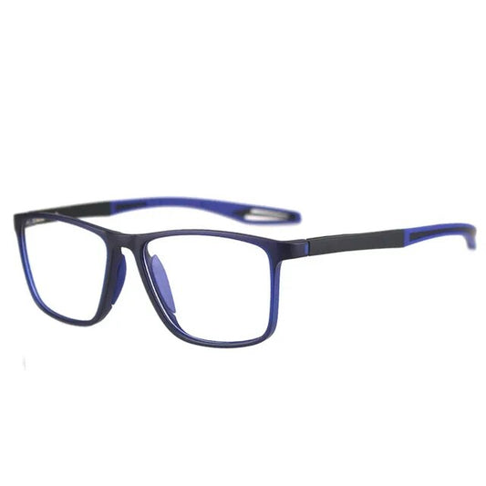 Square-framed glasses in dark navy blue with blue and black sporty arms, shown at an angle on white. 1