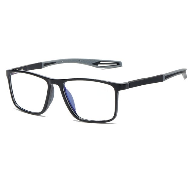 Black square glasses with grey arm tips and a slight blue tint on the lenses, shown at an angle. 11