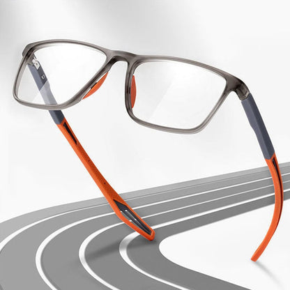 Grey-framed glasses with orange sporty arms floating above a stylised curving running track graphic. 5