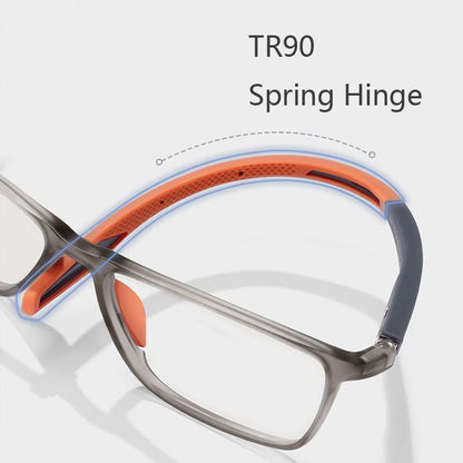Close-up of a grey frame's flexible orange arm and hinge, with a dotted line showing the curve. 6