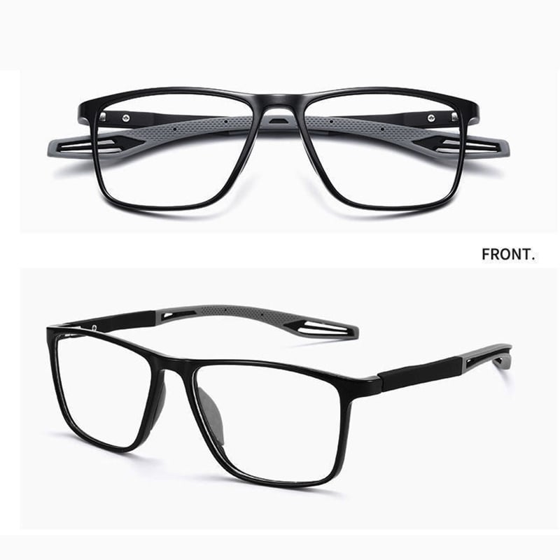 Black glasses with grey perforated arm tips, shown in a front view above an angled side view. 7