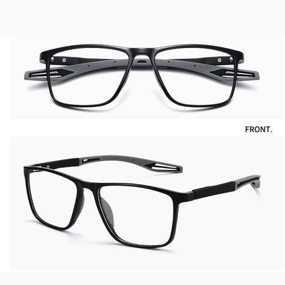 Black glasses with grey perforated arm tips, shown in a front view above an angled side view. 7