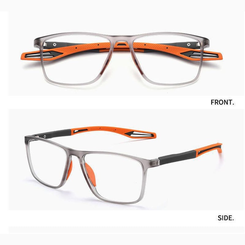 Grey translucent glasses with orange perforated arm tips, shown in a front view and an angled side view. 8