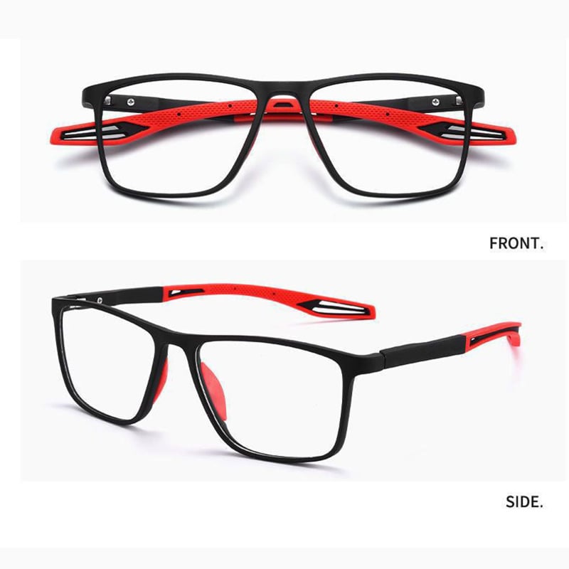 Black glasses with red perforated arm tips and nose pads, shown in a front view and a side view. 9