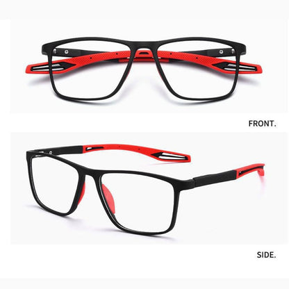 Black glasses with red perforated arm tips and nose pads, shown in a front view and a side view. 9